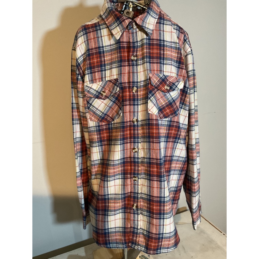 Open Trails Mens Flannel Shirt Large Red Navy Blue Plaid Long Sleeve Button Down